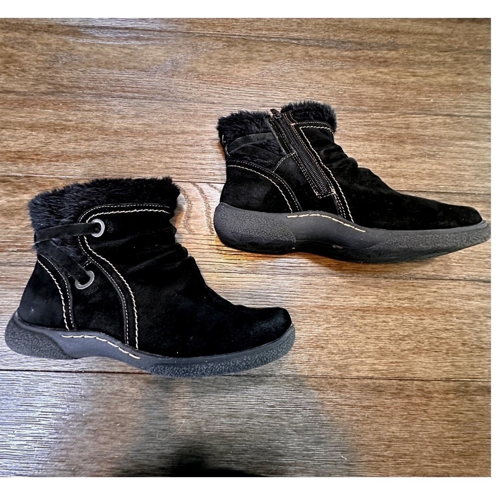 Liz & Co Black Suede Leather Ankle Booties Faux Fur Trim Side Zip Size 8.5M